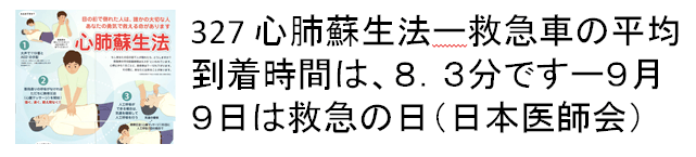 327 心肺蘇生法ー救急車の平均到着時間は、8.3分ですー9月9日は救急の日（日本医師会）